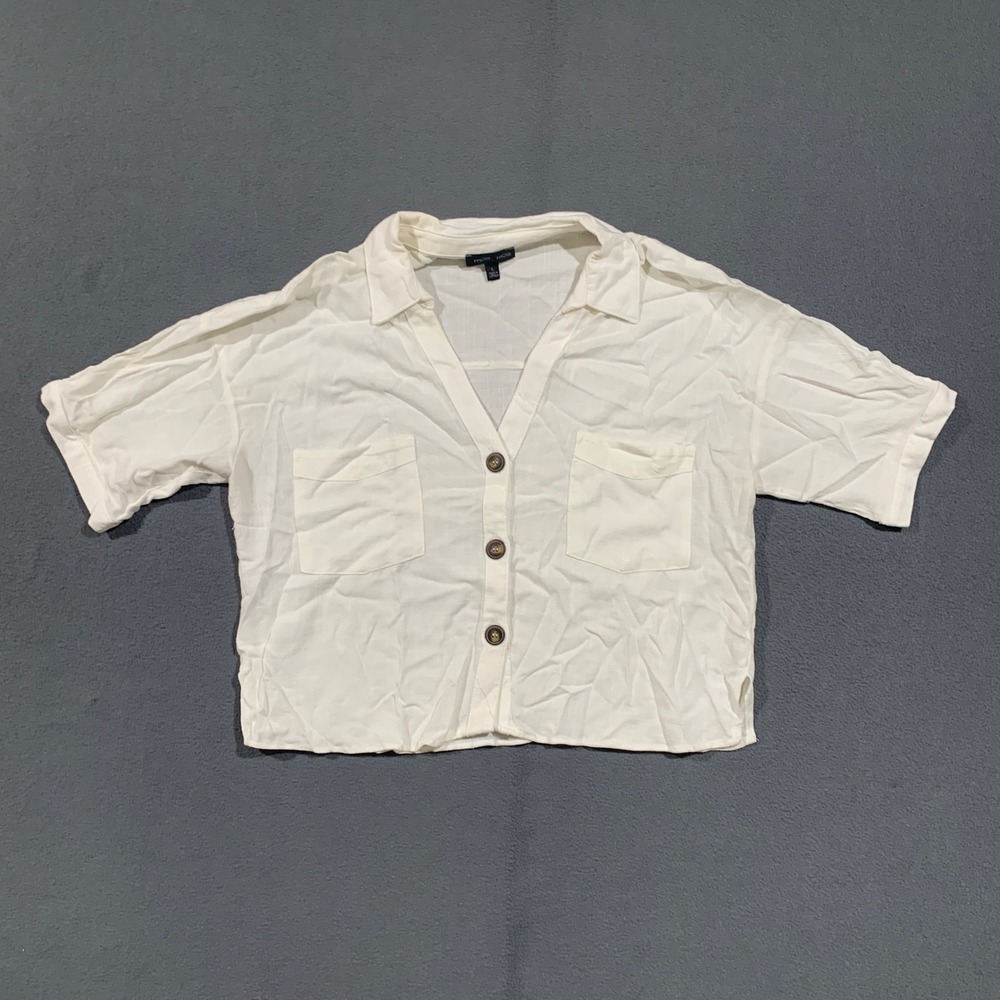 Moa Moa Womens White Short Sleeve Button Down Cropped Shirt Clean Girl Large